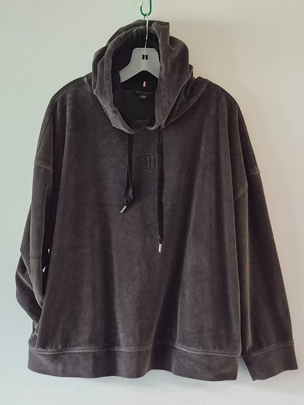 Tommy Hilfiger Charcoal Grey Velour Embroidered Logo Hoodie